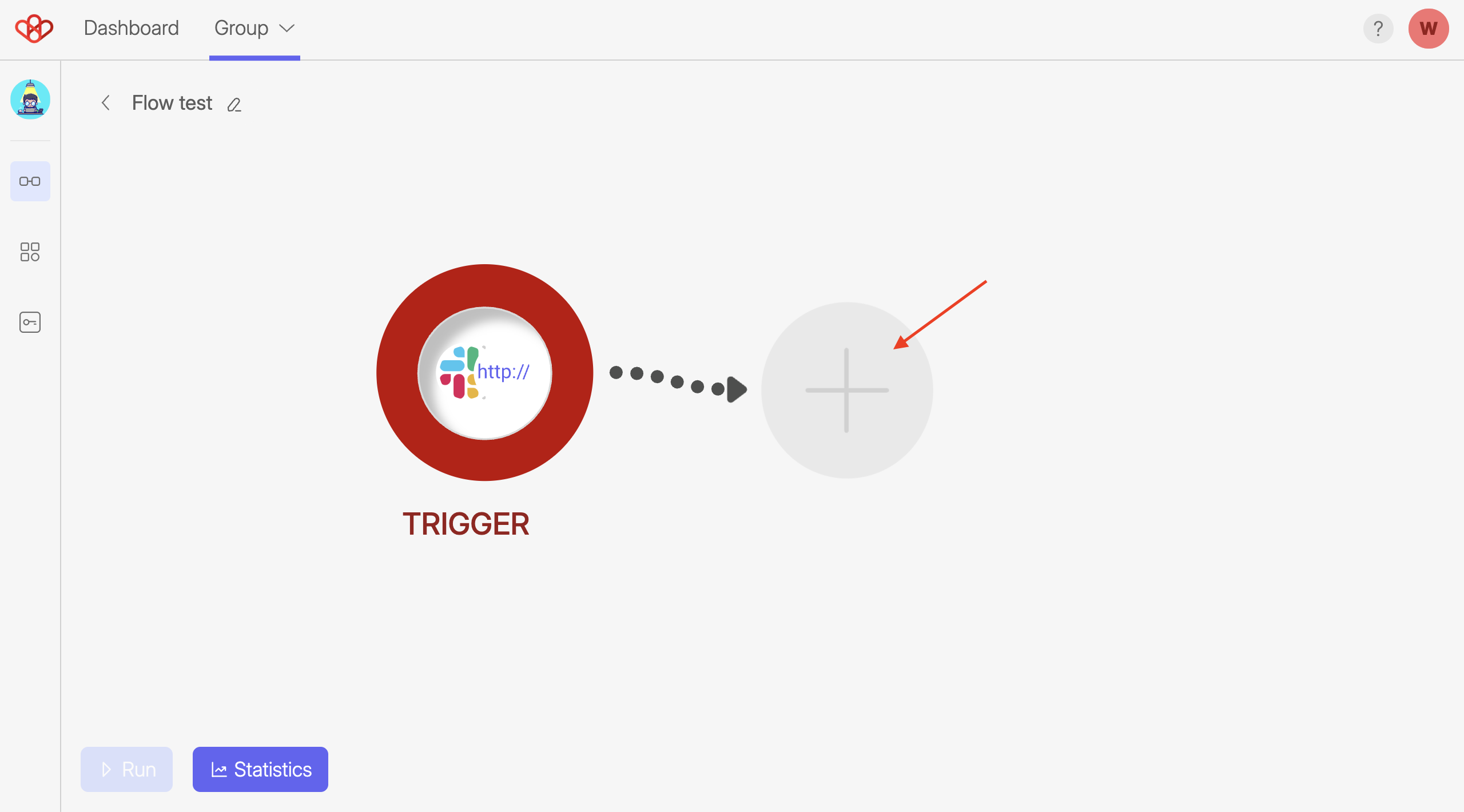 Slack - Create a connection 26 Screenshot of Wiresk Flow Builder, showing Trigger icon and arrow pointing to a plus button. This button is use to add Methods in Wiresk.