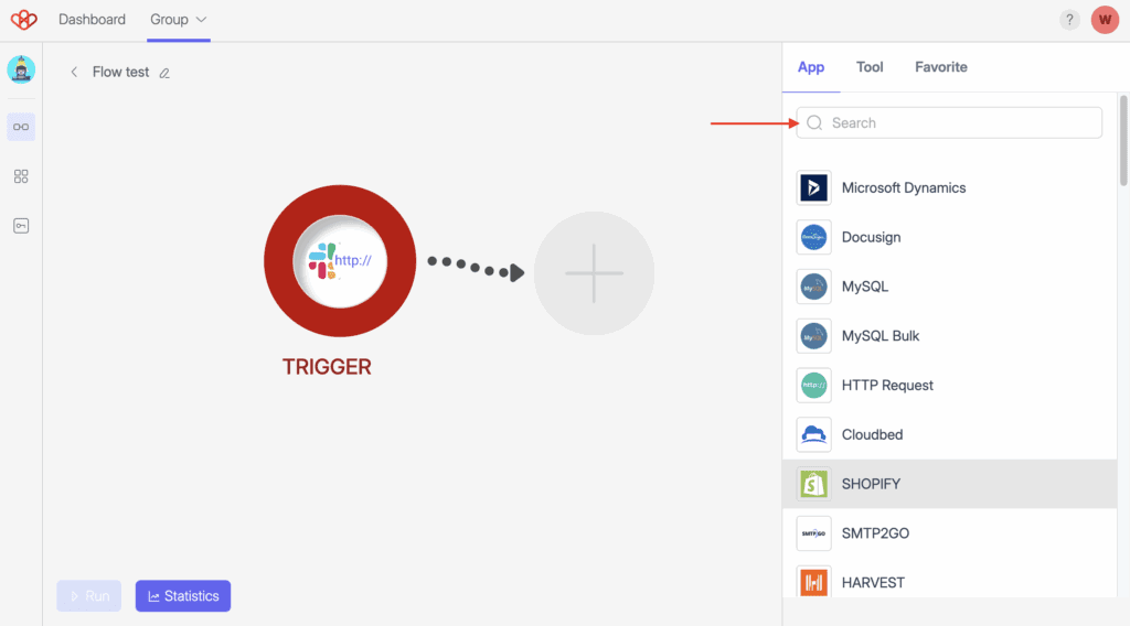 Slack - Create a connection 27 Screenshot of Wiresk flow builder. This screen shows the Methods selection panel. Search the app or select it in the list below the search.