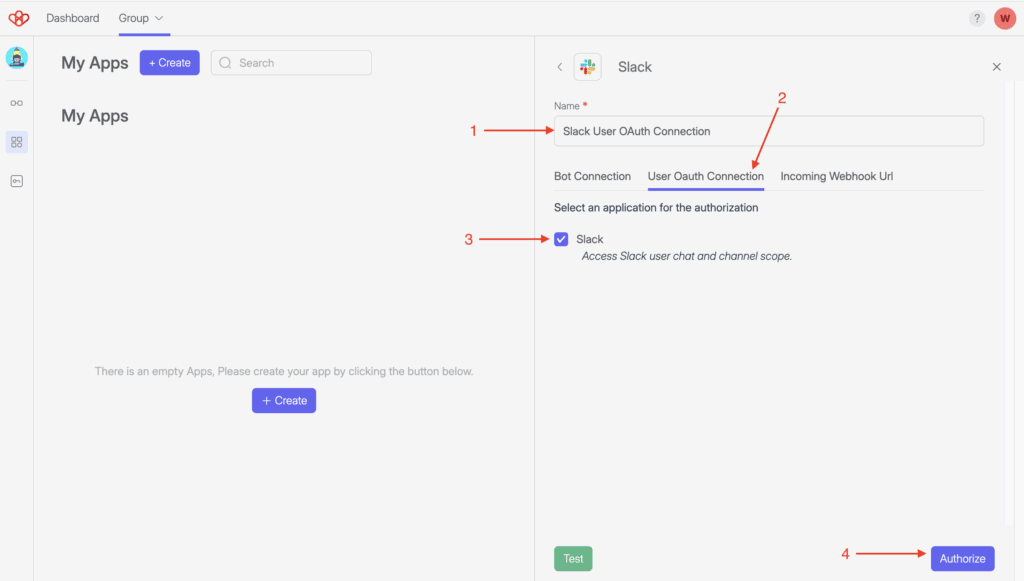 Slack - Connection 3 Screenshot of Wiresk "My Apps" page. It shows Slack connection settings panel. Numbered red arrows are pointing to different fields for the connection creation process.