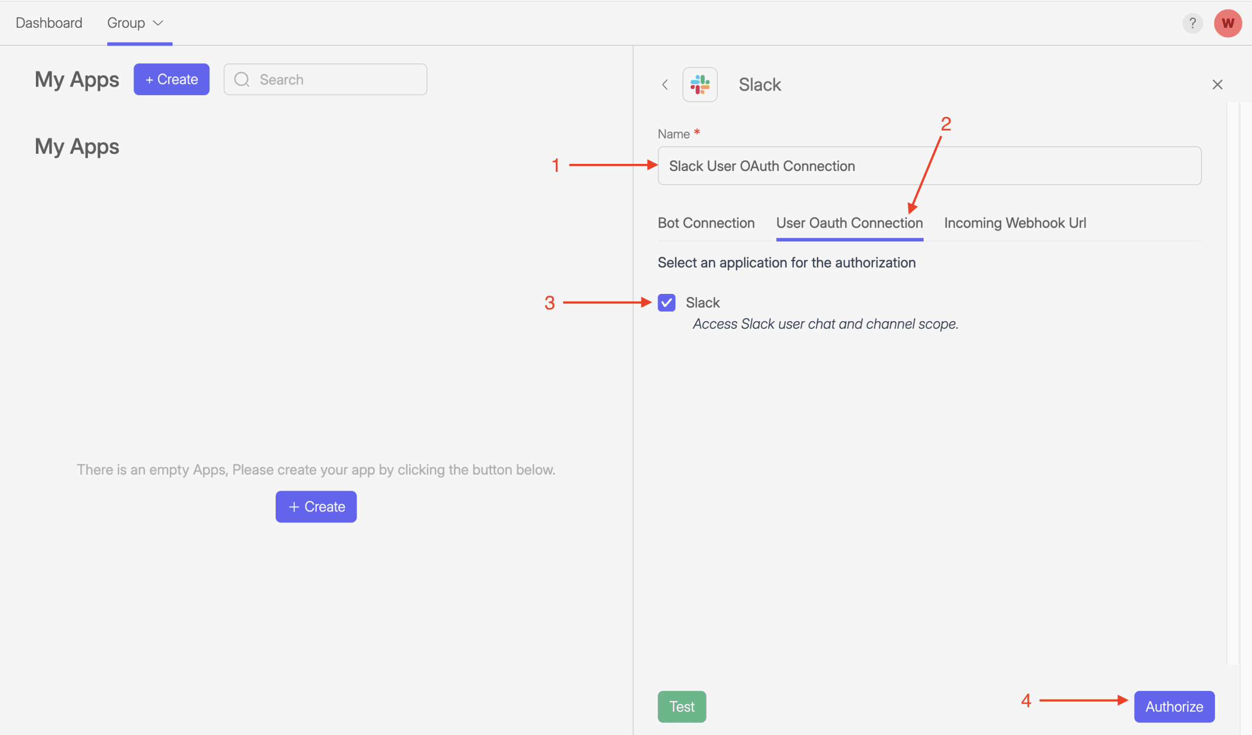 Screenshot of Wiresk "My Apps" page. It shows Slack connection settings panel. Numbered red arrows are pointing to different fields for the connection creation process.