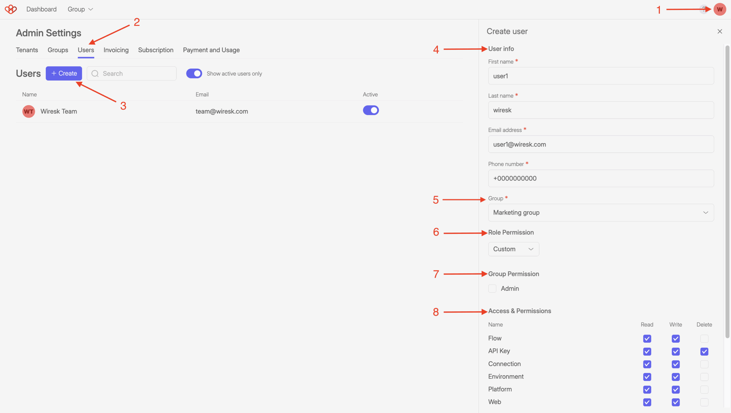 Users Management 1 Screenshot of Wiresk Admin settings. In the Users tab, it show the process to create a user and assign it to a group.