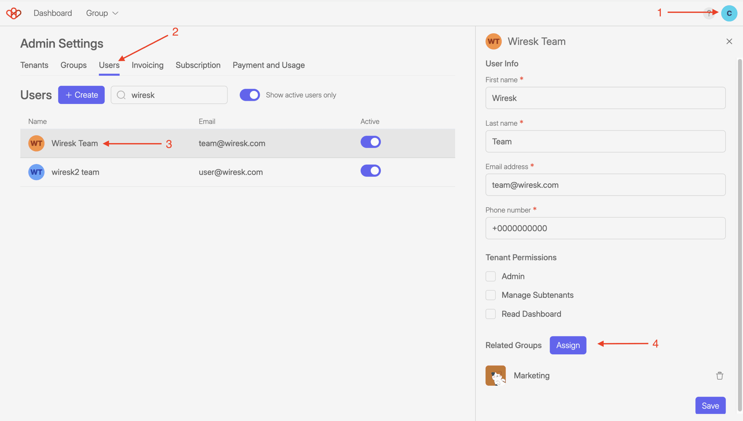 Users Management 3 Screenshot of wiresk admin settings. it shows how to assign groups to a user.