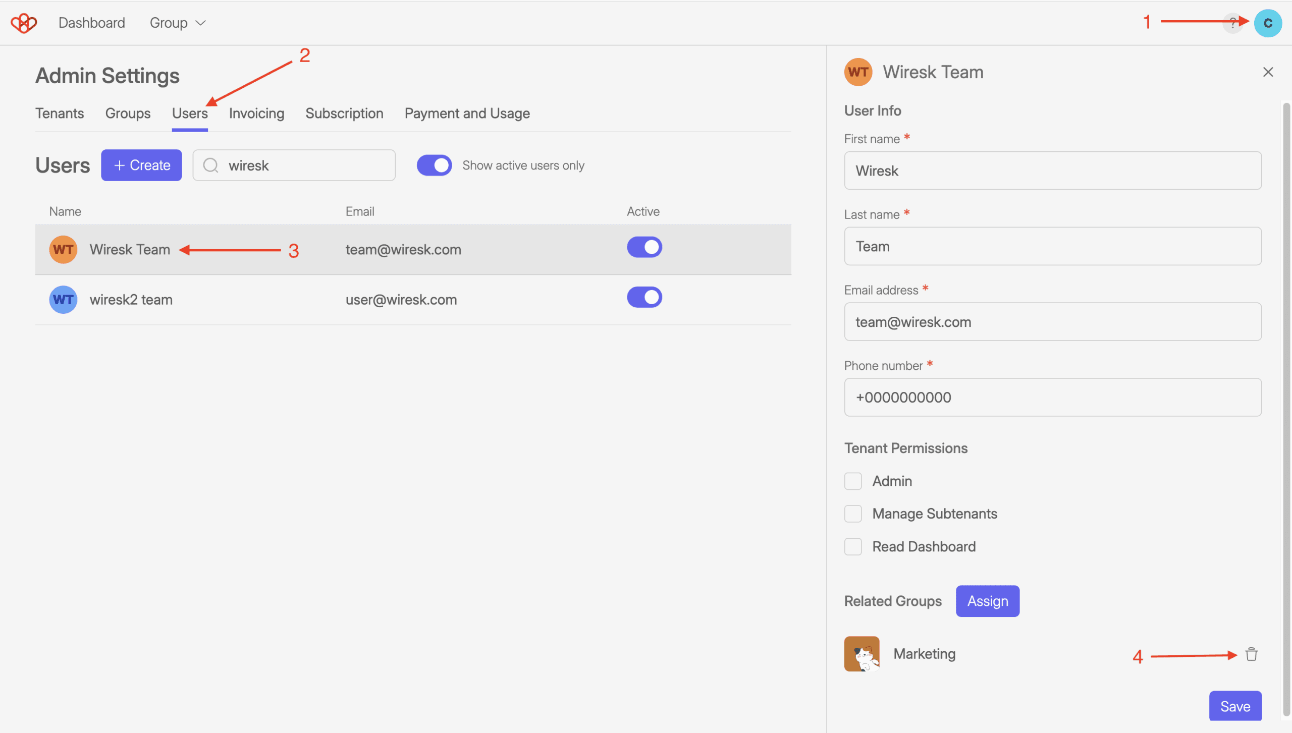 Users Management 5 Screenshot of wiresk admin settings. it shows how to remove a user from groups.