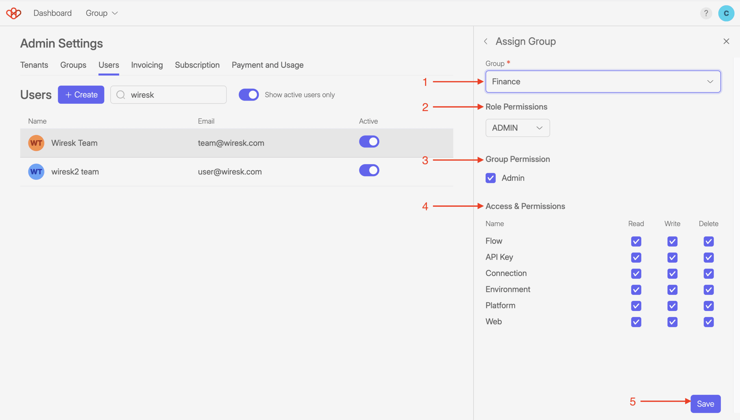 Users Management 4 Screenshot of wiresk admin settings. it shows how to assign groups to a user and define the access & permissions.