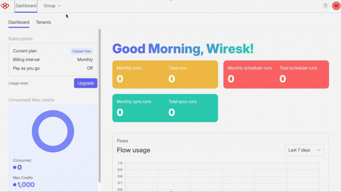 Slack - Create a connection 20 Animated image GIF, shows where to click to create a Flow in Wiresk. first select a group then click on create Flow.