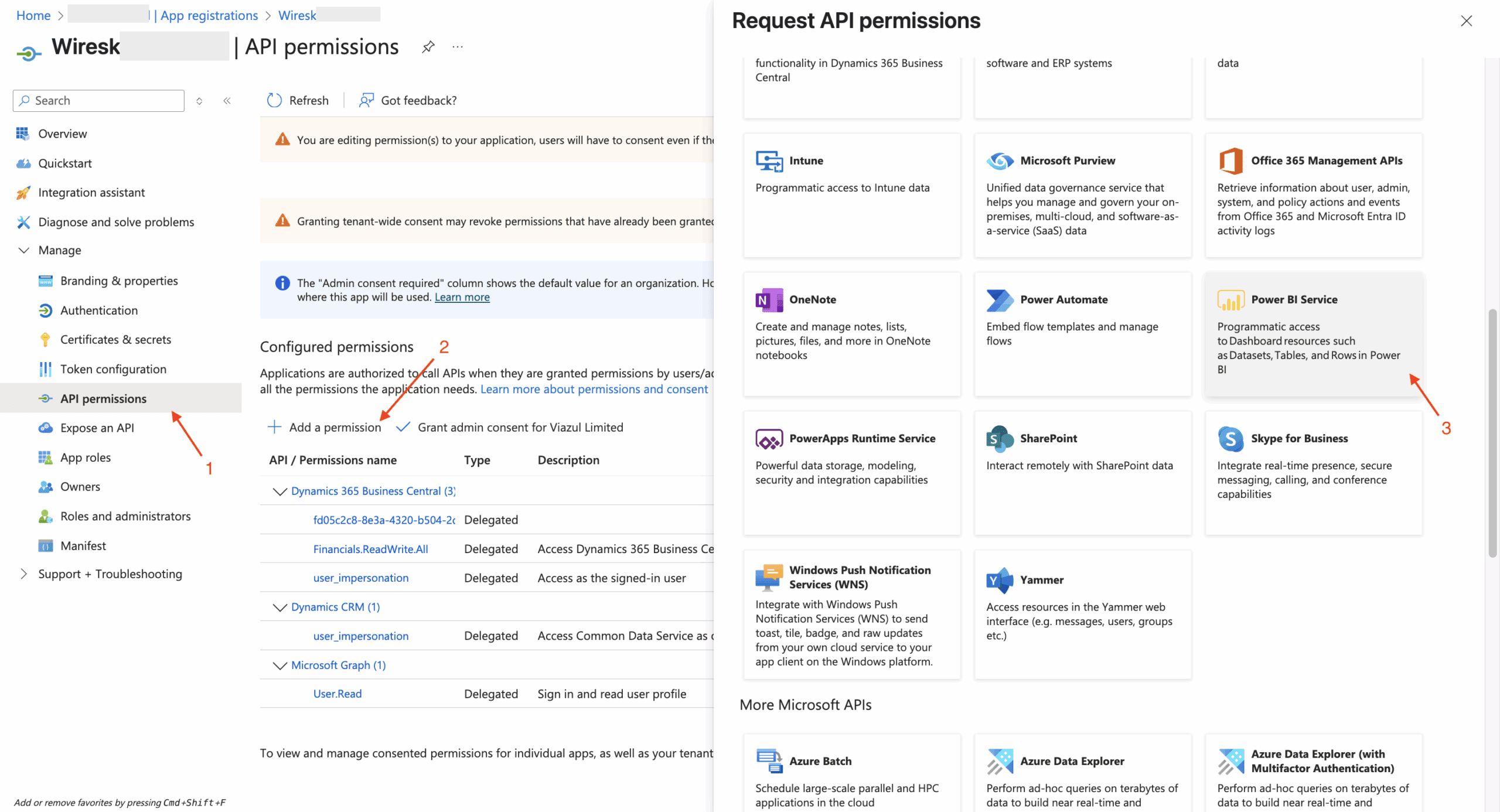 Screenshot of Request API permissions page for Power BI. Red arrows points to check the specific permission then add permissions button.