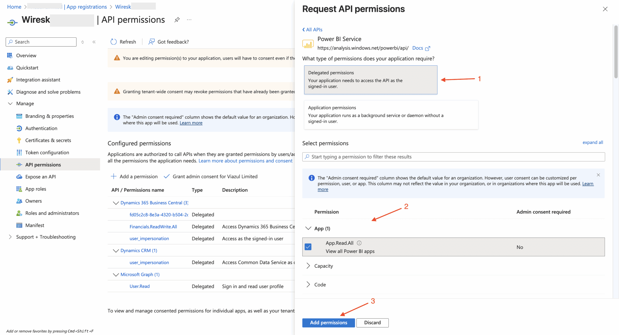 Azure portal screenshot showing API permissions setup for a Wiresk app registration. The left panel lists options such as Overview, Certificates & secrets, API permissions, and Owners. The main section displays configured permissions including Dynamics 365, Dynamics CRM, and Microsoft Graph (User.Read). On the right, the “Request API permissions” window for Power BI Service is open, highlighting Delegated permissions (arrow 1), the selected permission “App.Read.All – View all Power BI apps” (arrow 2), and the “Add permissions” button (arrow 3).