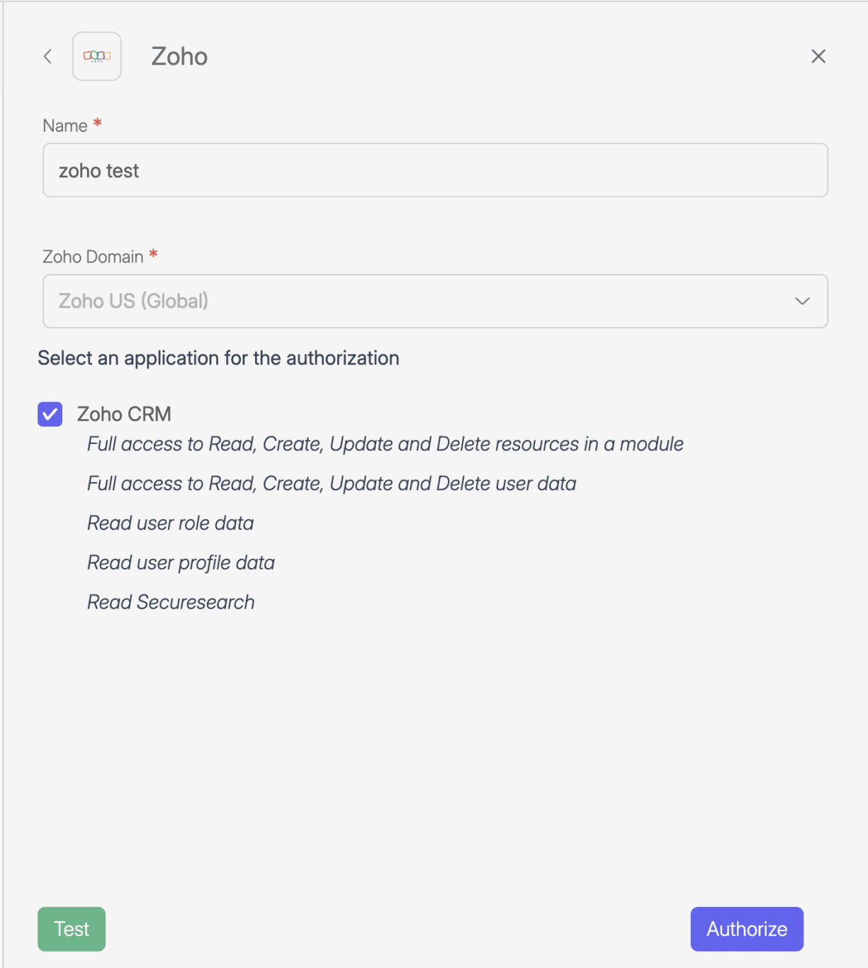 Screenshot of Wiresk My apps list. it shows the Zoho connection settings. Red arrows is pointing to the connection list.