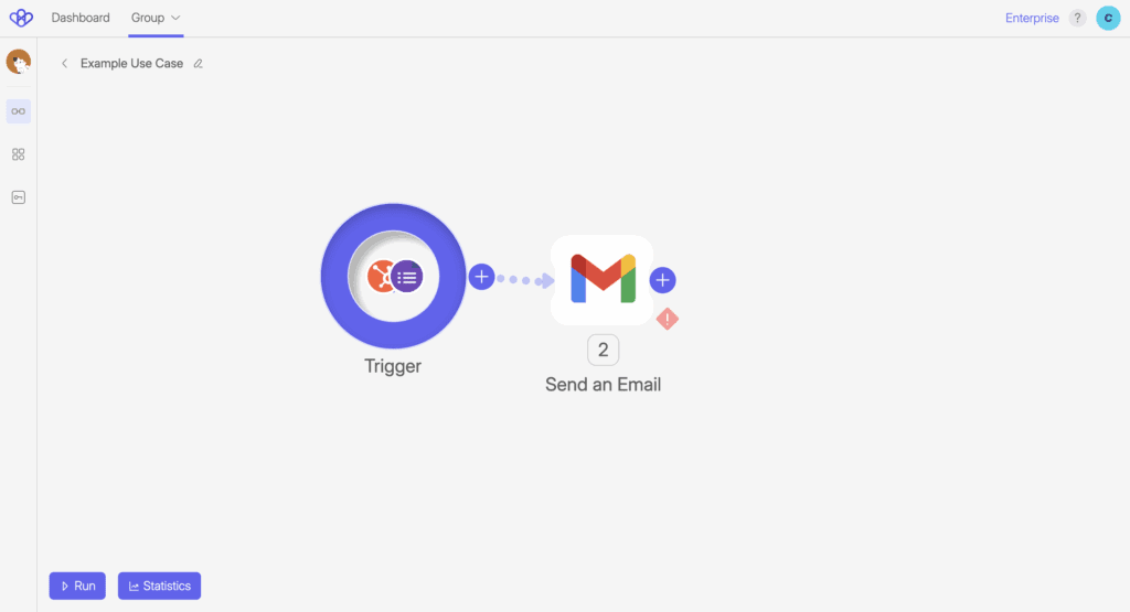 Wiresk Flow Builder interface for the Flow "Example Use Case." The Flow consists of a Trigger and a “Send an Email” step using Gmail. The “Run” and “Statistics” buttons are shown at the bottom left of the screen.