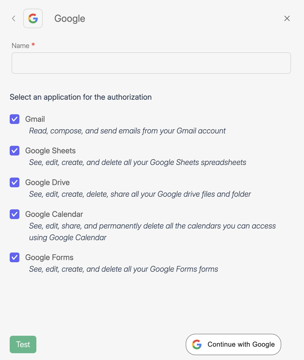 Google authorization window in Wiresk showing checkboxes for Gmail, Google Sheets, Google Drive, Google Calendar, and Google Forms. Each option lists its access level (read, edit, create, delete). A required Name field appears at the top, and buttons labeled “Test” and “Continue with Google” are shown at the bottom.