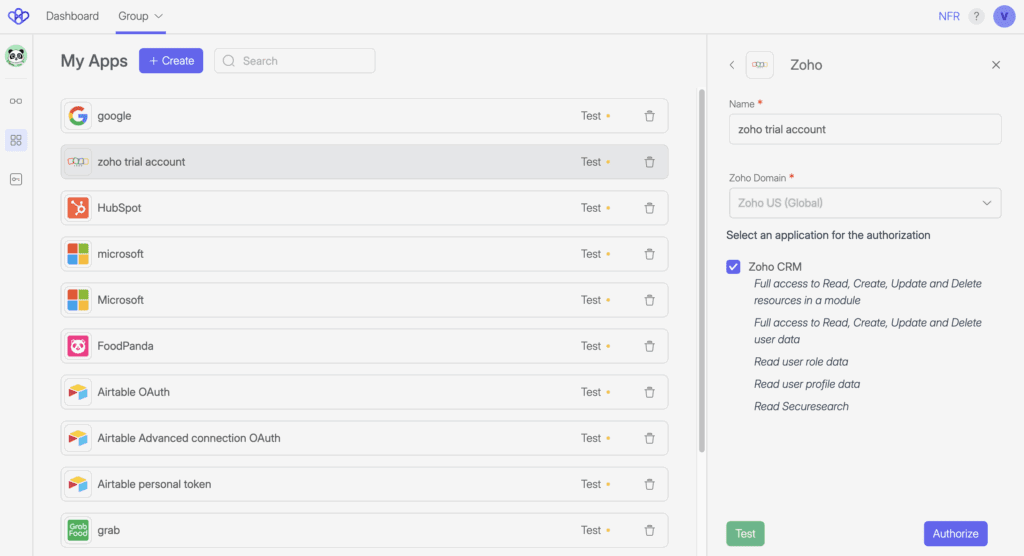 Wiresk "My Apps" section displaying a list of connected applications. The selected app is "zoho trial account," and the right-side panel shows the configuration for the Zoho connection. The user must select the Zoho domain (defaulted to "Zoho US (Global)") and authorize access to Zoho CRM with scopes for reading, creating, updating, and deleting resources and user data. Buttons for "Test" and "Authorize" are shown at the bottom of the panel.