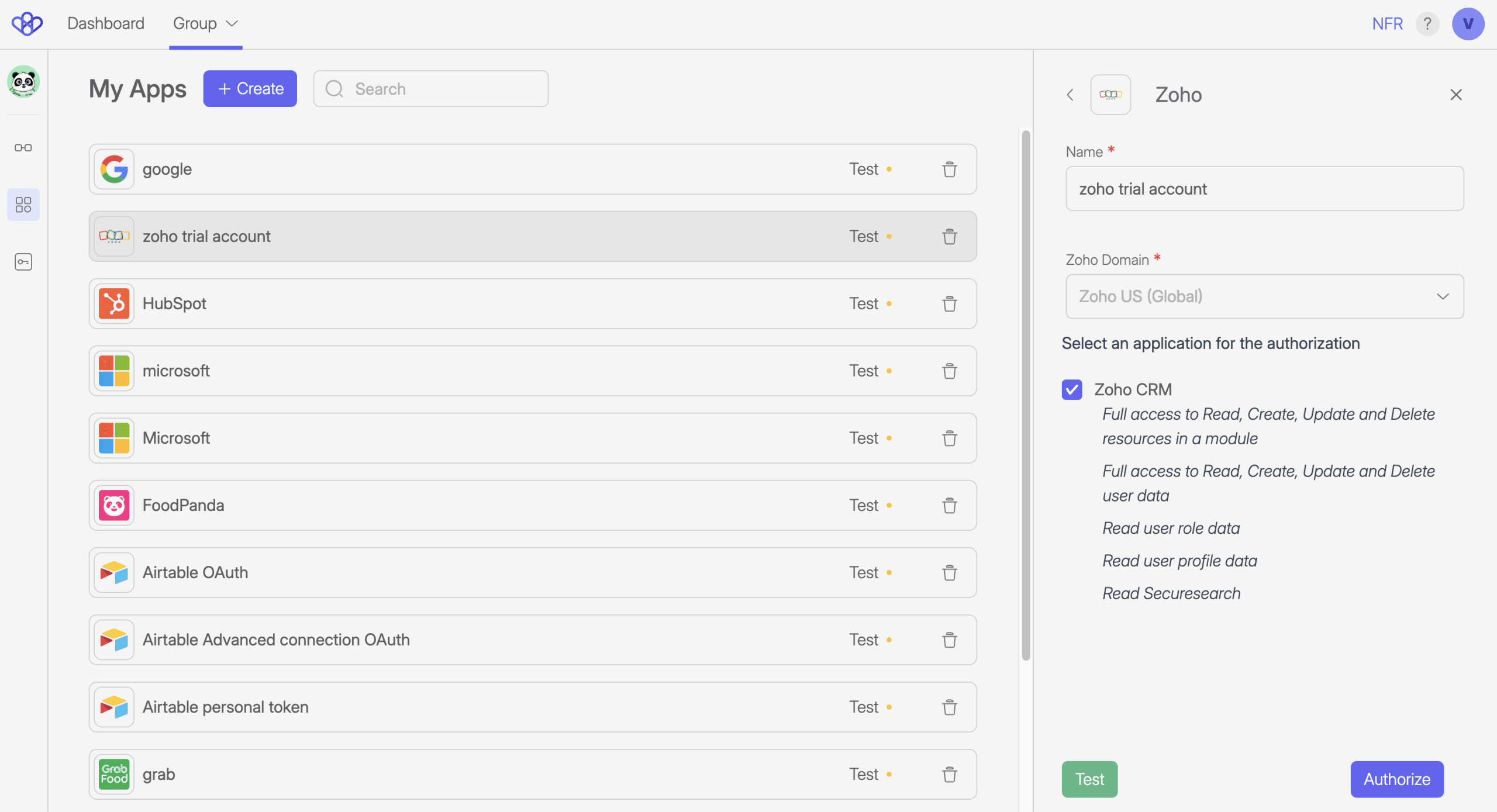 Wiresk "My Apps" section displaying a list of connected applications. The selected app is "zoho trial account," and the right-side panel shows the configuration for the Zoho connection. The user must select the Zoho domain (defaulted to "Zoho US (Global)") and authorize access to Zoho CRM with scopes for reading, creating, updating, and deleting resources and user data. Buttons for "Test" and "Authorize" are shown at the bottom of the panel.