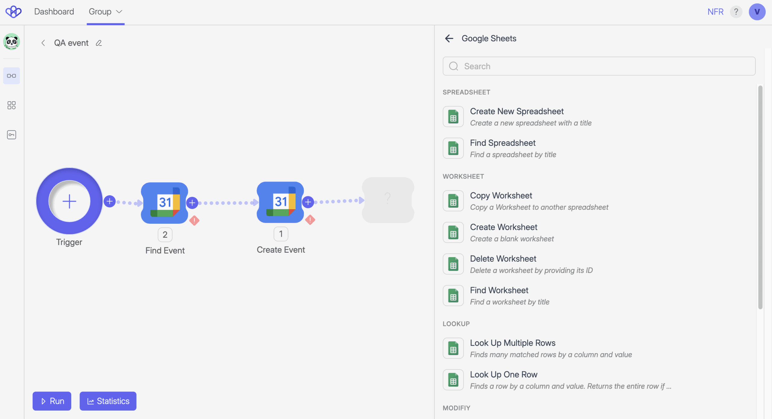 Wiresk Flow Builder displaying a Flow named "QA event." The Flow includes a Trigger, a "Find Event" step, and a "Create Event" step—both using Google Calendar. Red warning icons are shown under both steps, indicating configuration or execution issues. On the right side, the panel for selecting a Method from Google Sheets is open, showing available actions like "Create New Spreadsheet," "Find Spreadsheet," "Copy Worksheet," and "Look Up One Row." The "Run" and "Statistics" buttons are visible at the bottom-left.