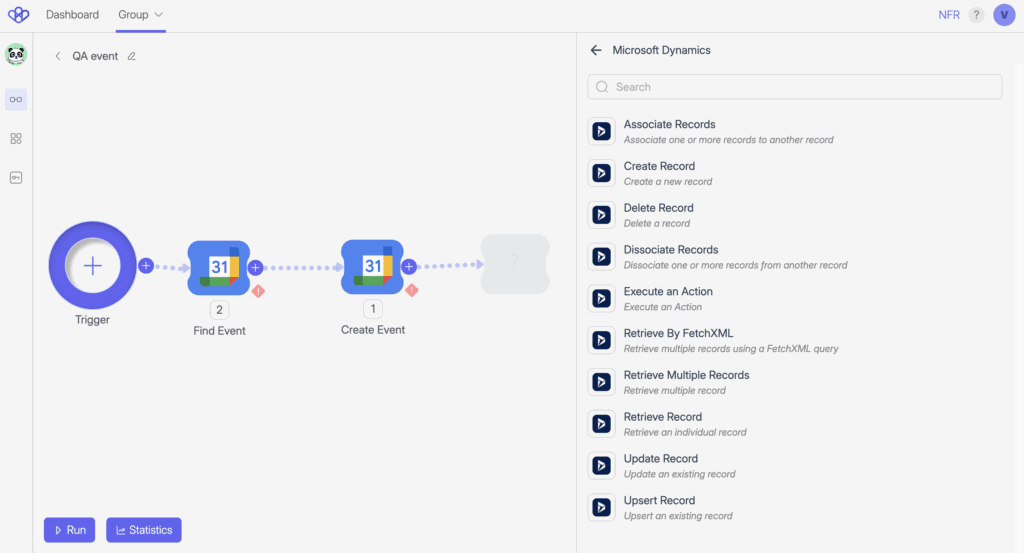 Wiresk Flow Builder showing a Flow named "QA event" with a Trigger, "Find Event" and "Create Event" steps using Google Calendar. Red warning icons indicate issues in both steps. On the right, the Method selection panel for Microsoft Dynamics is open, listing actions like "Associate Records," "Create Record," "Delete Record," "Execute an Action," and "Retrieve by FetchXML."