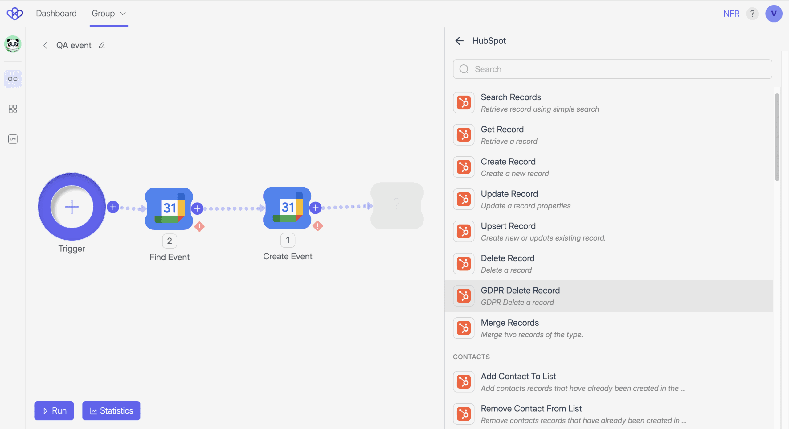 Wiresk Flow Builder with the same "QA event" Flow setup. The Method panel now displays HubSpot actions, including "Search Records," "Create Record," "Update Record," "Upsert Record," "GDPR Delete Record," and list management options like "Add Contact to List" and "Remove Contact From List."