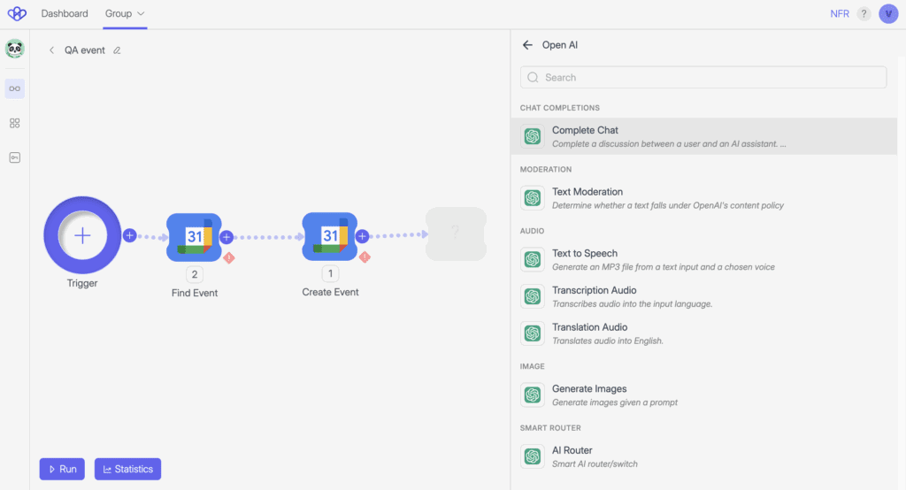 Wiresk Flow Builder showing the same "QA event" Flow. The Method selection panel on the right is for OpenAI, listing options such as "Complete Chat," "Text Moderation," "Text to Speech," "Transcription Audio," "Translation Audio," "Generate Images," and "AI Router."