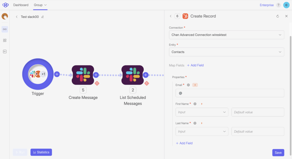 Wiresk Flow Builder interface for a Flow named "Test slack00." The Flow includes a Slack Trigger, followed by "Create Message" and "List Scheduled Messages" steps. On the right panel, a "Create Record" Method is being configured using the "Advanced Connection wirekstest" with the entity set to "Contacts." Required fields for Email, First Name, and Last Name are shown, with input fields and dynamic mapping support. The bottom of the panel includes a “Save” button. The "Run" button is disabled.