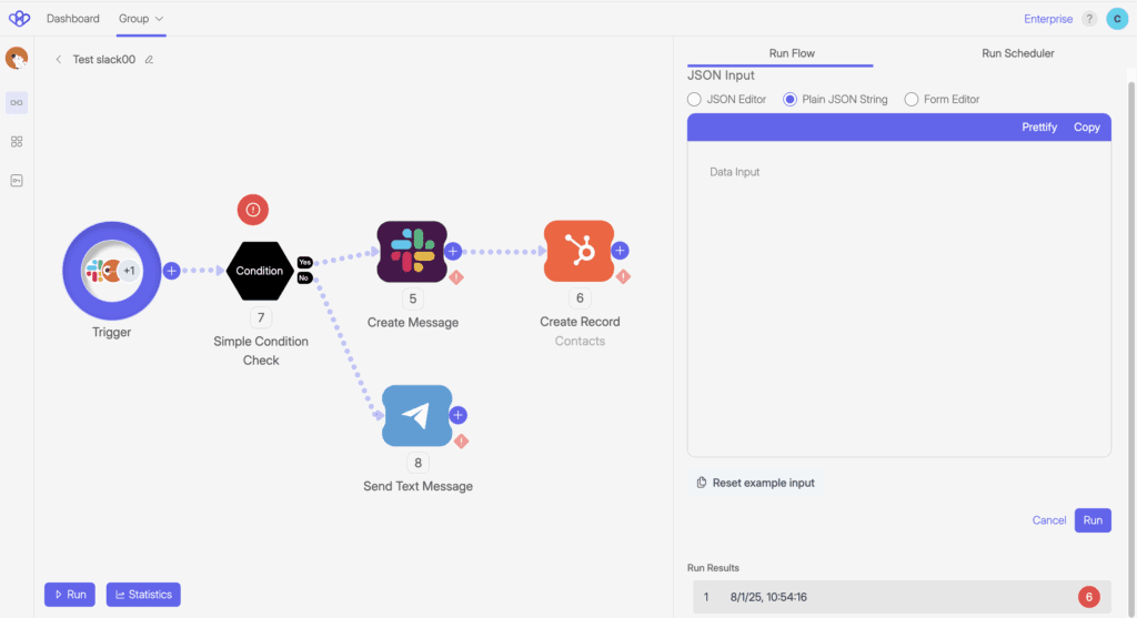 Wiresk Flow Builder interface for the Flow "Test slack00." The Flow includes a Slack Trigger followed by a “Simple Condition Check” (step 7) branching into two paths. The “Yes” path continues to “Create Message” and “Create Record (Contacts)” using Slack and HubSpot, while the “No” path leads to “Send Text Message” via Telegram. All steps after the condition display red warning icons. On the right, the "Run Flow" panel is active with “Plain JSON String” selected but empty. Below, the Run Result shows a failed run at 10:54:16 on August 1, 2025.