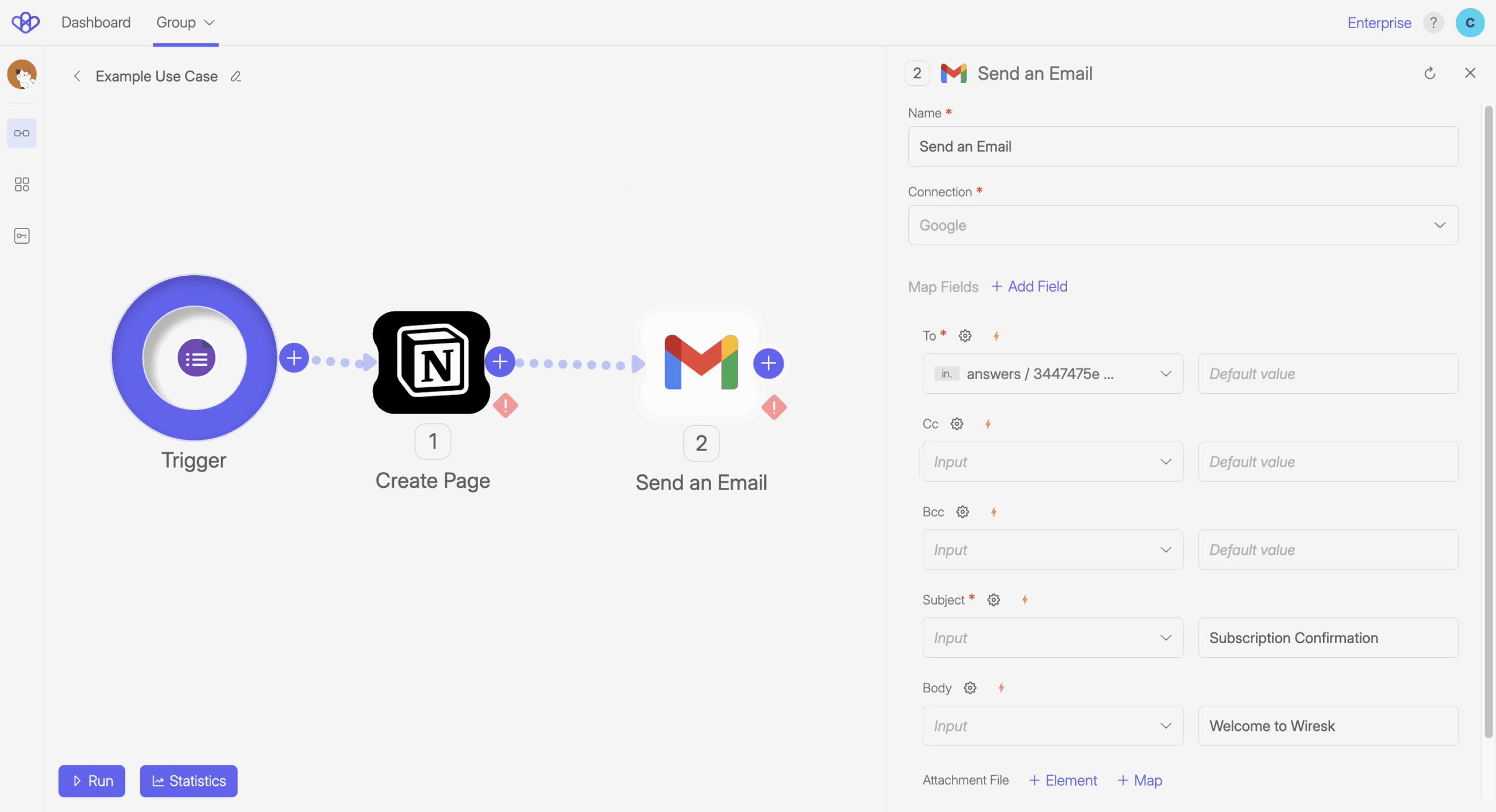 Wiresk Flow Builder interface showing a Flow named "Example Use Case." The Flow includes a Google Forms Trigger, a “Create Page” step using Notion, and a “Send an Email” step using Gmail. On the right panel, the “Send an Email” Method is being configured with mapped fields for “To,” “Cc,” “Bcc,” “Subject,” and “Body.” The subject is prefilled as "Subscription Confirmation" and the body as "Welcome to Wiresk." The “Run” and “Statistics” buttons are visible at the bottom left.