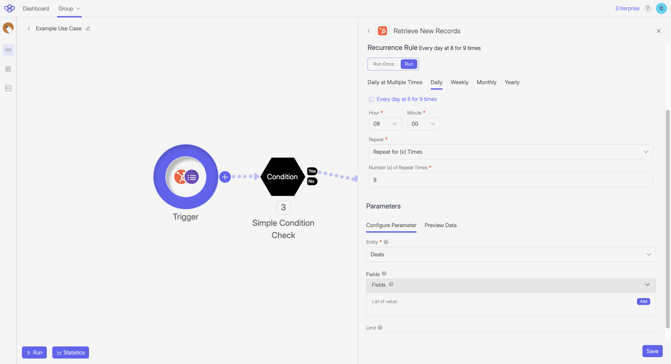 Wiresk Flow Builder interface for the Flow "Example Use Case." The Flow includes a Trigger and a “Simple Condition Check.” On the right, the Trigger settings panel is open for the "Retrieve New Records" action from HubSpot. The recurrence rule is set to run daily at 8:00 AM for 9 times. The Trigger parameters are being configured with the entity set to “Deals” and the “Fields” dropdown is open for selection. Tabs for "Configure Parameter" and "Preview Data" are visible. The “Run Once,” “Run,” and “Save” buttons are shown at the bottom of the panel.