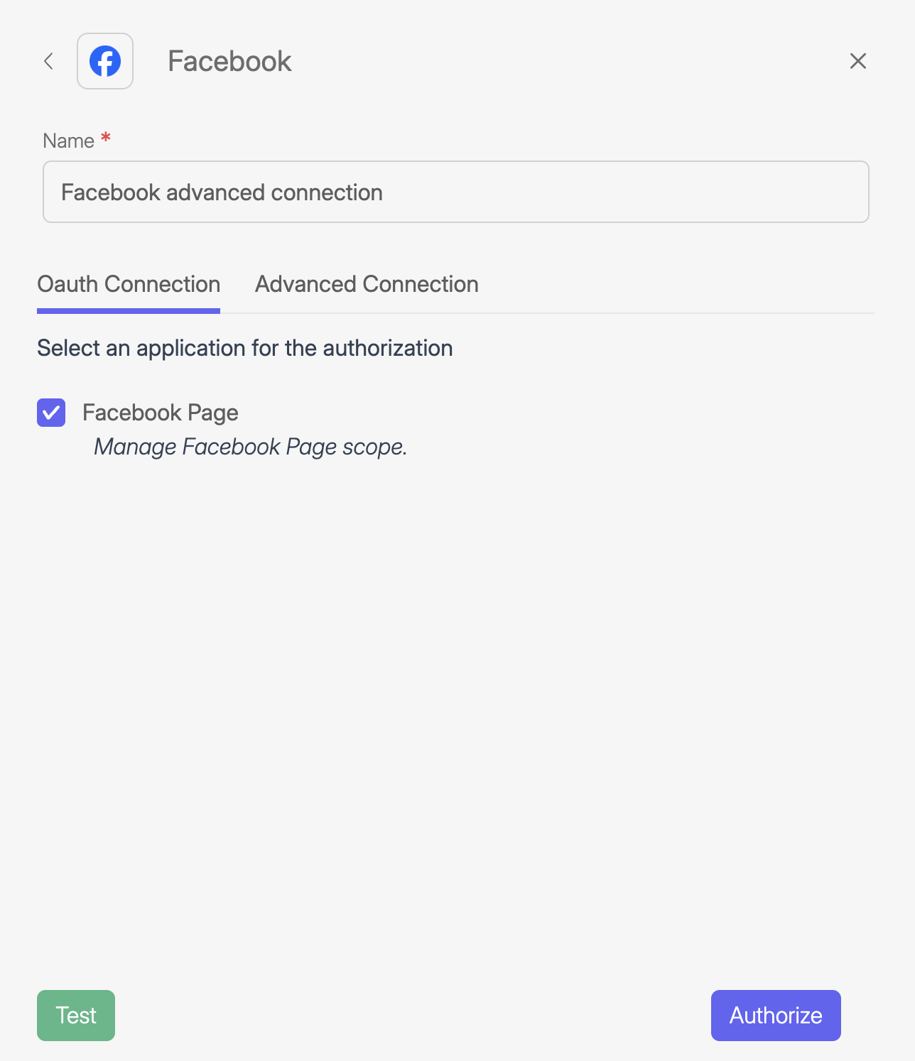 Wiresk interface showing the Facebook OAuth connection setup. The user is prompted to name the connection ("Facebook OAuth connection") and select the application scope for authorization. The "Facebook Page" option is checked, indicating permission to manage Facebook Page content. Two tabs are visible at the top: "Oauth Connection" (selected) and "Advanced Connection." At the bottom, there are "Test" and "Authorize" buttons.