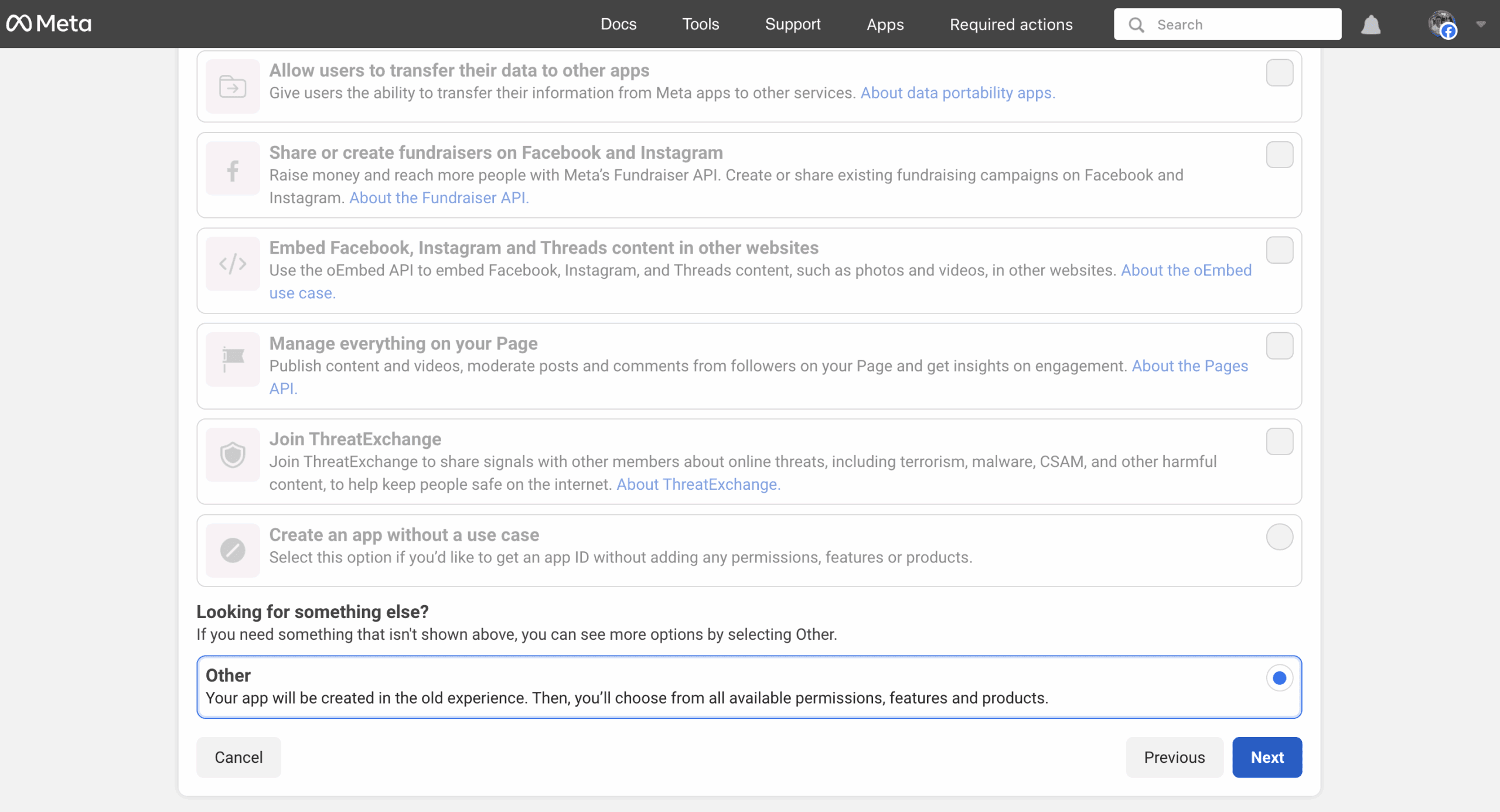 Meta Developer portal showing the "Use cases" step during app creation. Several predefined use case options are listed. At the bottom, the "Other" option is selected, allowing the user to create the app in the old experience with full access to all permissions, features, and products. "Cancel," "Previous," and "Next" buttons are displayed at the bottom.