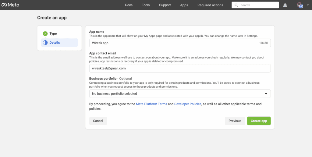 Meta Developer portal showing the "Details" step of the app creation process. The app type "Business" is confirmed with a green checkmark. The form includes fields for "App name" (set to "Wiresk app"), "App contact email" (wiresktest@gmail.com). A checkbox note confirms agreement to the Meta Platform Terms and Developer Policies. At the bottom are "Cancel," "Previous," and a green "Create app" button.
