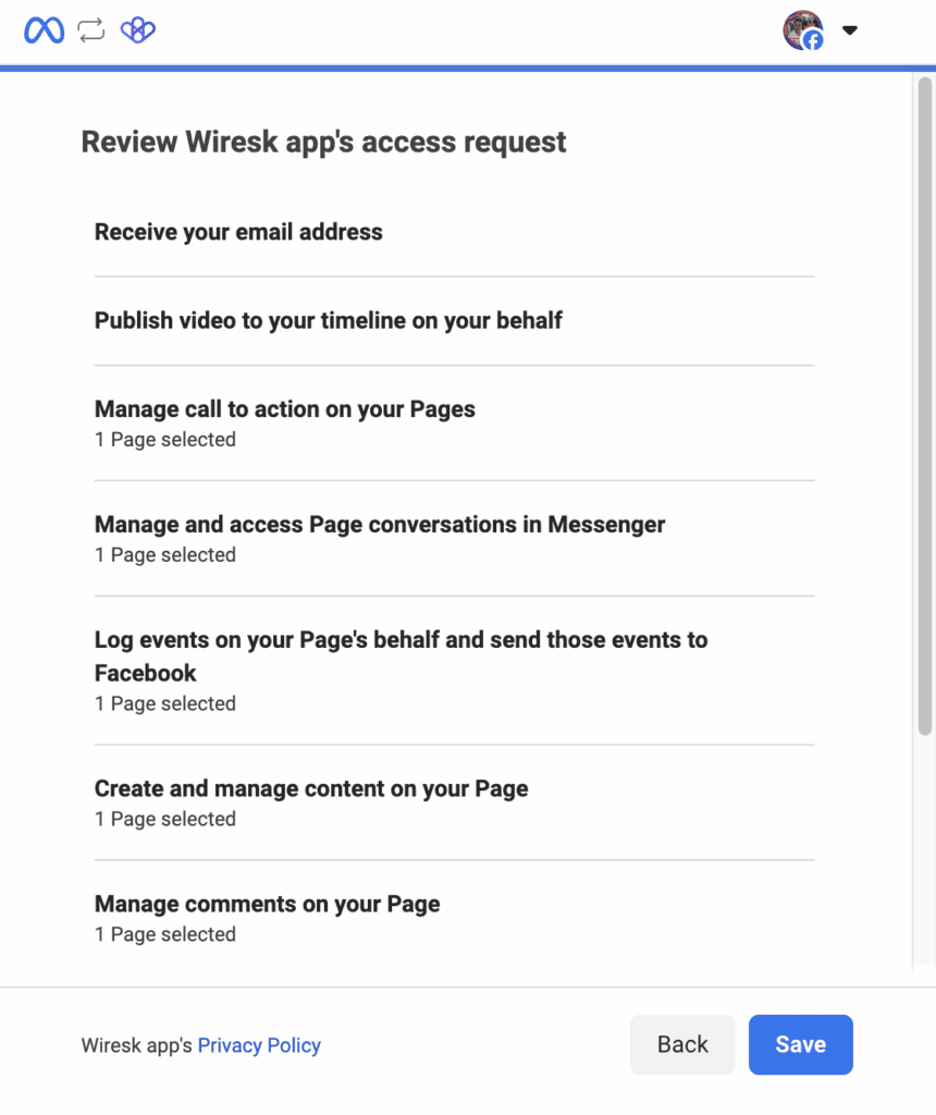 Meta screen titled “Review Wiresk app’s access request.” It lists the permissions the Wiresk app is requesting, including access to email address, publishing video, managing call to action, Messenger conversations, logging events, creating content, and managing comments on the user's Facebook Page. Each item notes "1 Page selected." At the bottom are “Back” and “Save” buttons and a link to the Wiresk app’s Privacy Policy.