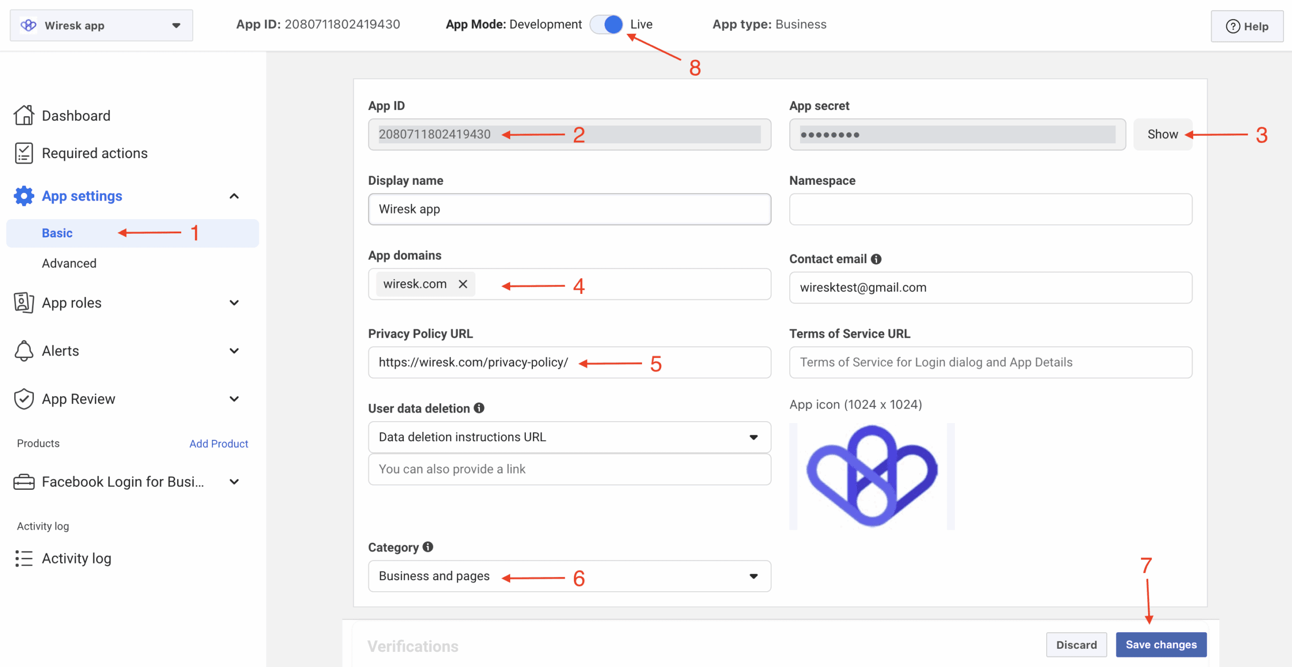 Meta Developer portal showing the "Basic" settings page of the Wiresk app. On the left, the "Basic" section under "App settings" is selected. In the main panel, the App ID is displayed and grayed out, while the App secret is hidden with an option to show it. The display name is "Wiresk app" and the contact email is wiresktest@gmail.com. The domain "wiresk.com" is entered in the App domains field. The Privacy Policy URL is set to "https://wiresk.com/privacy-policy/". The data deletion instructions section is present but not filled. The category is set to "Business and pages." At the bottom, there are "Discard" and "Save changes" buttons. The App Mode toggle at the top is set to "Live" instead of "Development."
