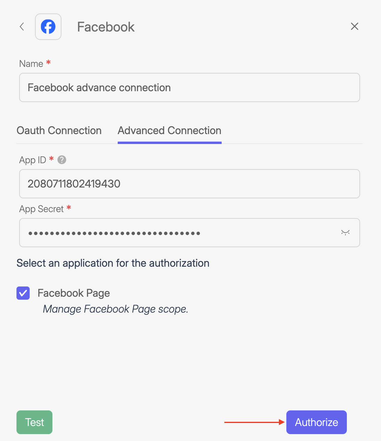 Wiresk interface for setting up a Facebook Advanced Connection. The "Advanced Connection" tab is selected. The form includes a required "Name" field filled with "Facebook advance connection", followed by required fields for "App ID" (pre-filled) and "App Secret" (hidden for security). A checkbox is selected for "Facebook Page" to enable the Manage Facebook Page scope. At the bottom, there are two buttons: a green "Test" button and a purple "Authorize" button.