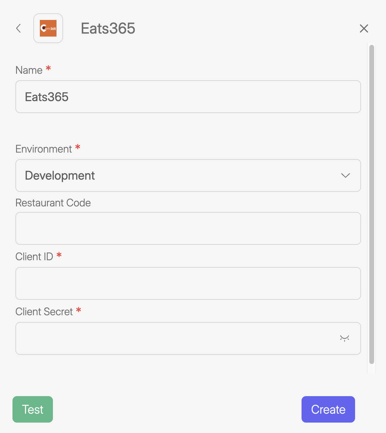 Wiresk interface for creating an Eats365 connection. The form includes required fields for Name, Environment (set to Development), Client ID, and Client Secret, along with an optional Restaurant Code. At the bottom are “Test” and “Create” buttons.