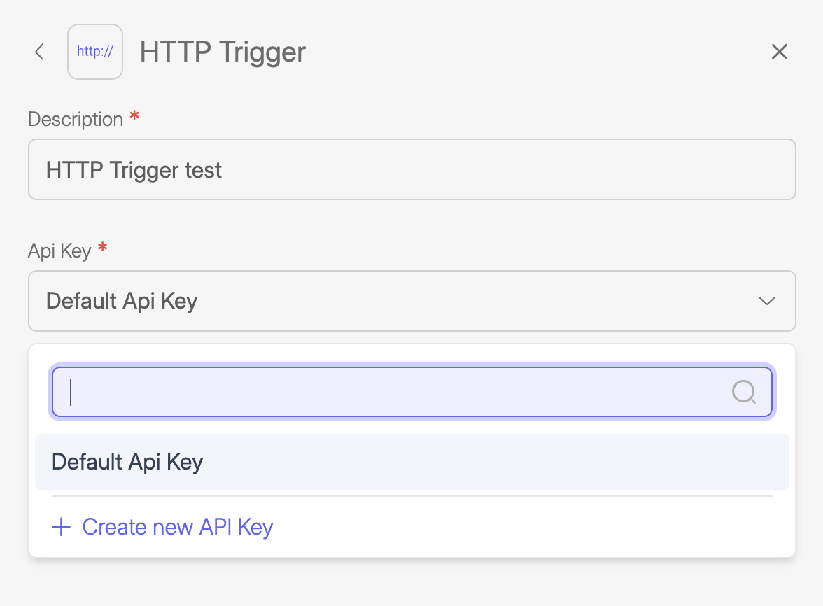 Screenshot of the HTTP Trigger setup panel in Wiresk. The Description field is filled with “HTTP Trigger test.” The API Key field is set to “Default Api Key,” with a dropdown to select or search for keys, and an option to “Create new API Key” displayed below.