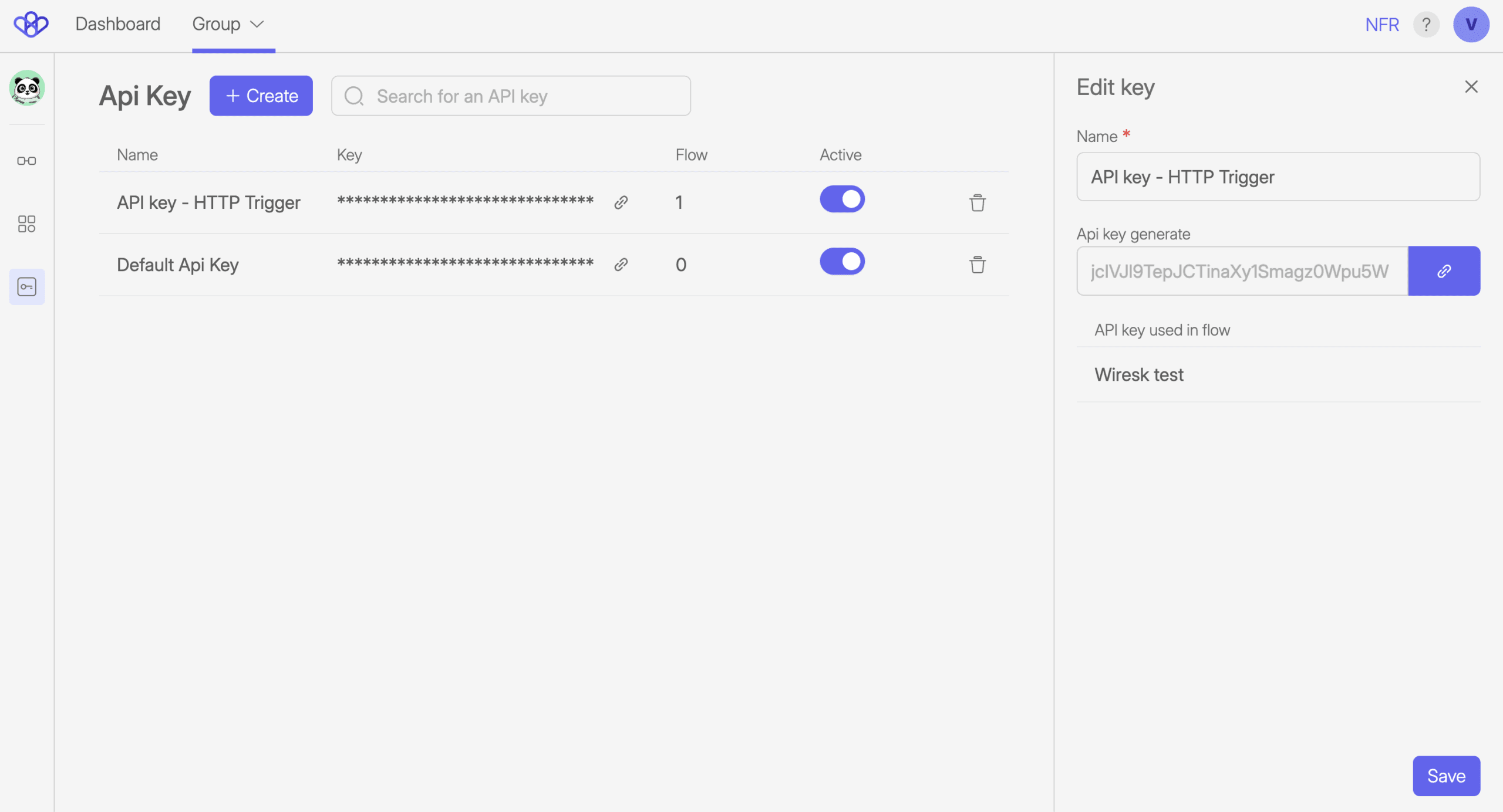 Screenshot of the Wiresk platform showing the API Key management page. The table lists two keys: "API key – HTTP Trigger" (used in 1 flow) and "Default Api Key" (0 flows), both masked with toggle switches to activate or deactivate and a trash icon to delete. On the right side, the "Edit key" panel is open. It shows the key name field ("API key – HTTP Trigger"), the generated API key value in a disabled field with a copy button, and a section labeled "API key used in flow" showing "Wiresk test." A purple "Save" button is at the bottom.