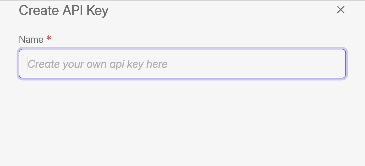 Screenshot of the Wiresk interface showing the "Create API Key" panel. A required Name field is displayed with placeholder text "Create your own api key here" and a red asterisk indicating it is mandatory. A close (X) icon appears in the top-right corner.