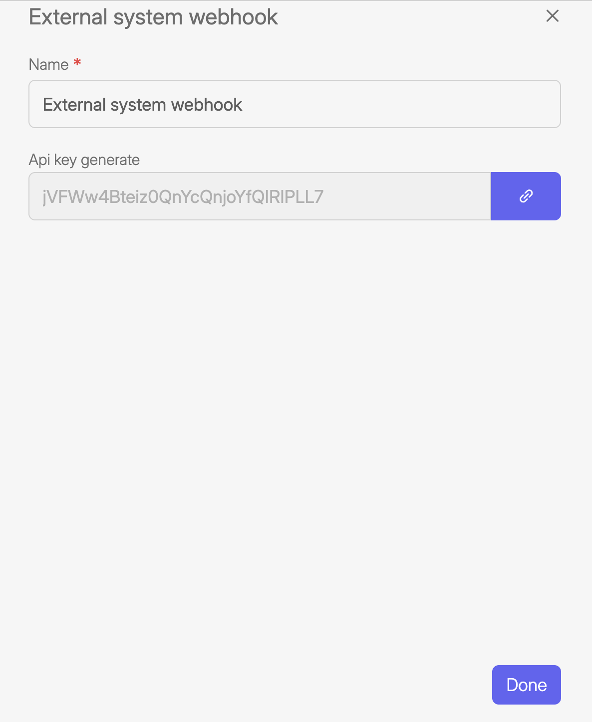 Screenshot of the Wiresk interface with the "External system webhook" API key panel. The Name field is filled with "External system webhook," and an auto-generated API key is shown in a disabled text box with a copy button on the right. A purple "Done" button is at the bottom-right.