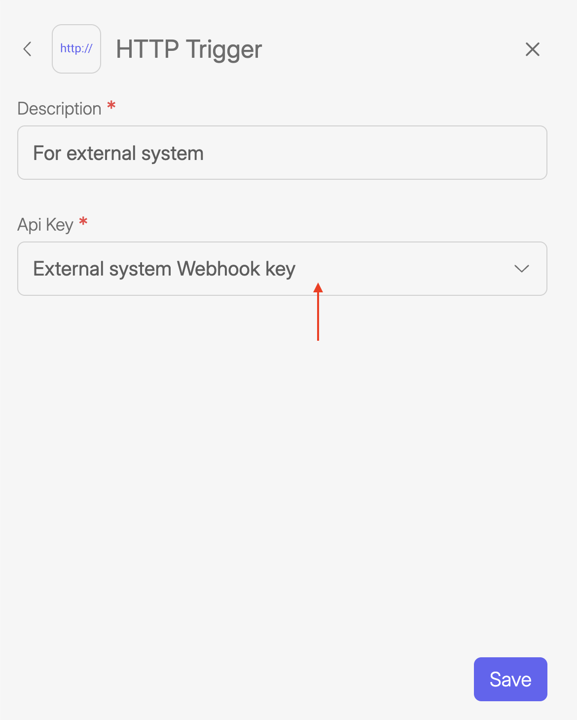 Screenshot of the Wiresk HTTP Trigger configuration panel. The Description field is filled with "For external system," and the API Key field is set to "External system Webhook key." A purple "Save" button is at the bottom-right.