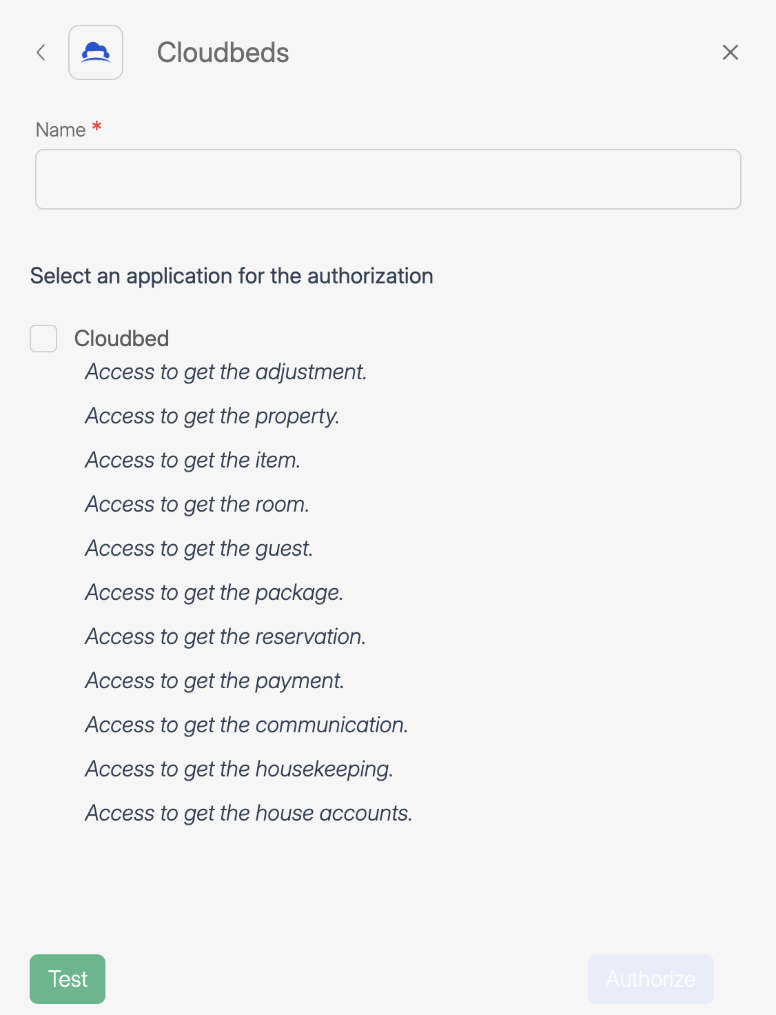 Screenshot of Cloudbeds connection setting screen in Wiresk. Red arrows is pointing to naming section for you give Cloudbeds connection a name, and tick box for you to give it access to your Cloudbeds account.