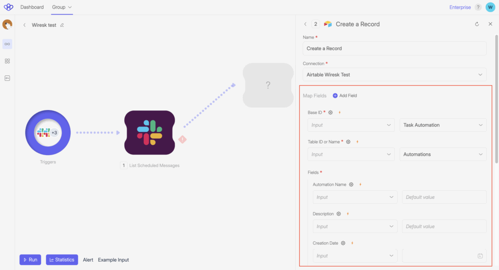 Screenshot of Wiresk Flow builder showing the setting of the Airtable Method "Create a new record". A red  rectangle highlight the map fields.