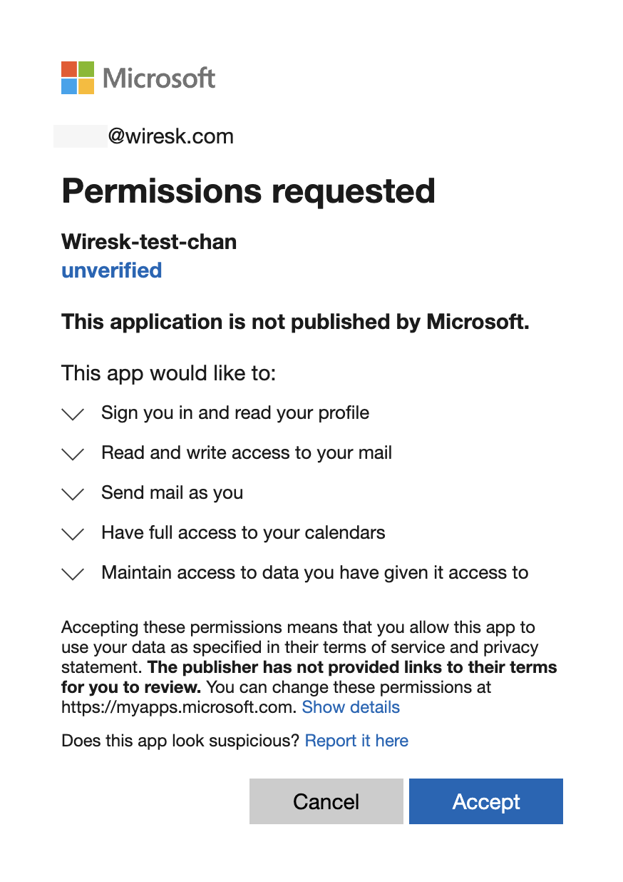 Screenshot of Microsoft permissions consent screen. The unverified app "Wiresk-test-chan" requests access to read profile, read/write mail, send mail, access calendars, and maintain data access, with Cancel and Accept buttons at the bottom.