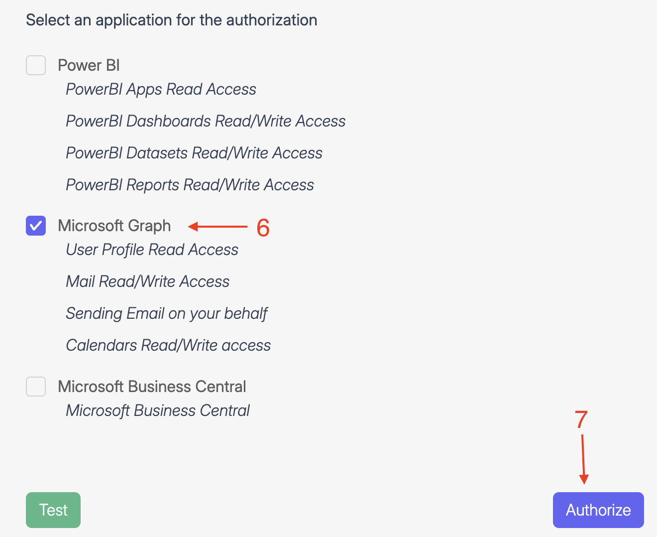 Screenshot of Wiresk authorization screen showing application options. Microsoft Graph is selected with permissions like Mail Read/Write Access and Sending Email. A purple "Authorize" button is visible at the bottom right.