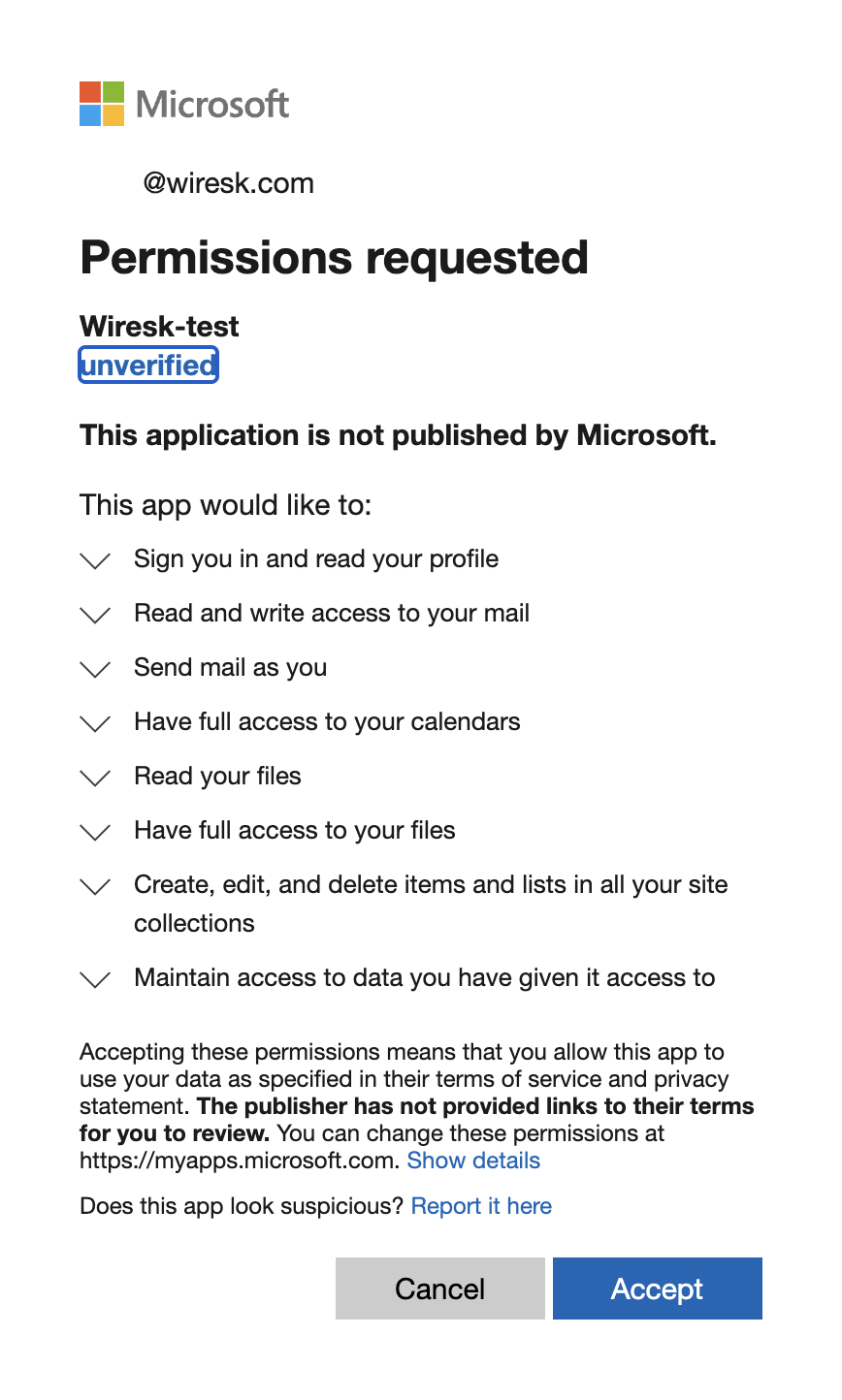 Microsoft consent screen showing "Permissions requested" for the app Wiresk-test (unverified). The app is not published by Microsoft and requests access to profile, mail, calendars, files, SharePoint lists, and the ability to maintain access. Buttons for Cancel and Accept appear at the bottom.