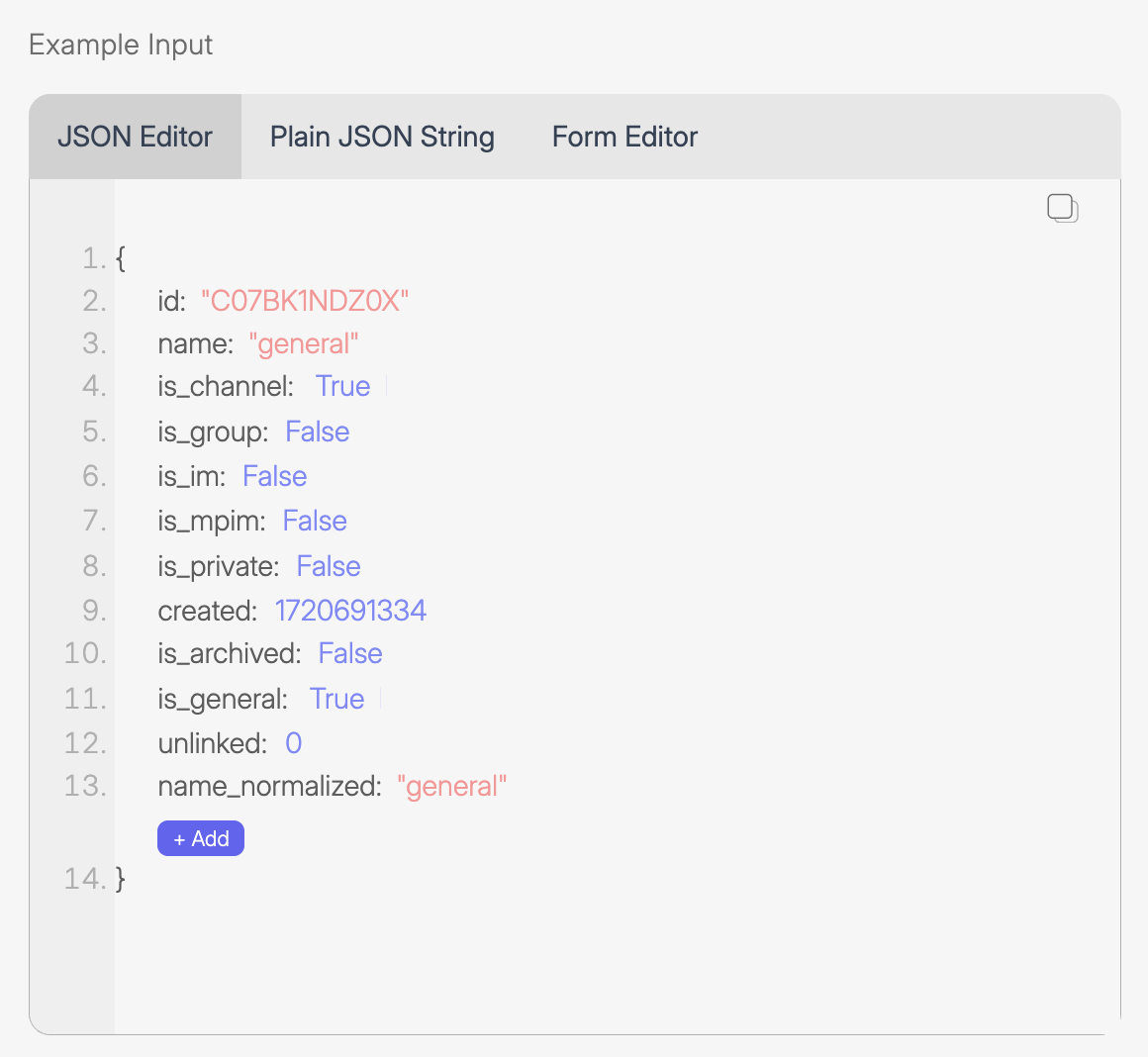 Screenshot of Wiresk Example Input panel in JSON Editor mode, showing structured JSON data with color-coded keys and values, including fields such as id, name, is_channel, is_group, and name_normalized.