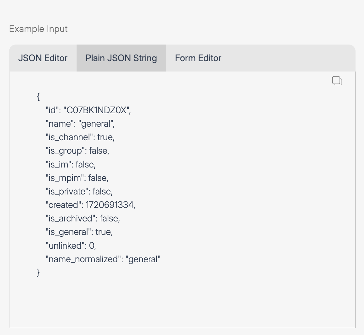 Screenshot of Wiresk Example Input panel in Plain JSON String mode, displaying raw JSON data with properties like id, name, is_channel, is_group, and is_private in text format.