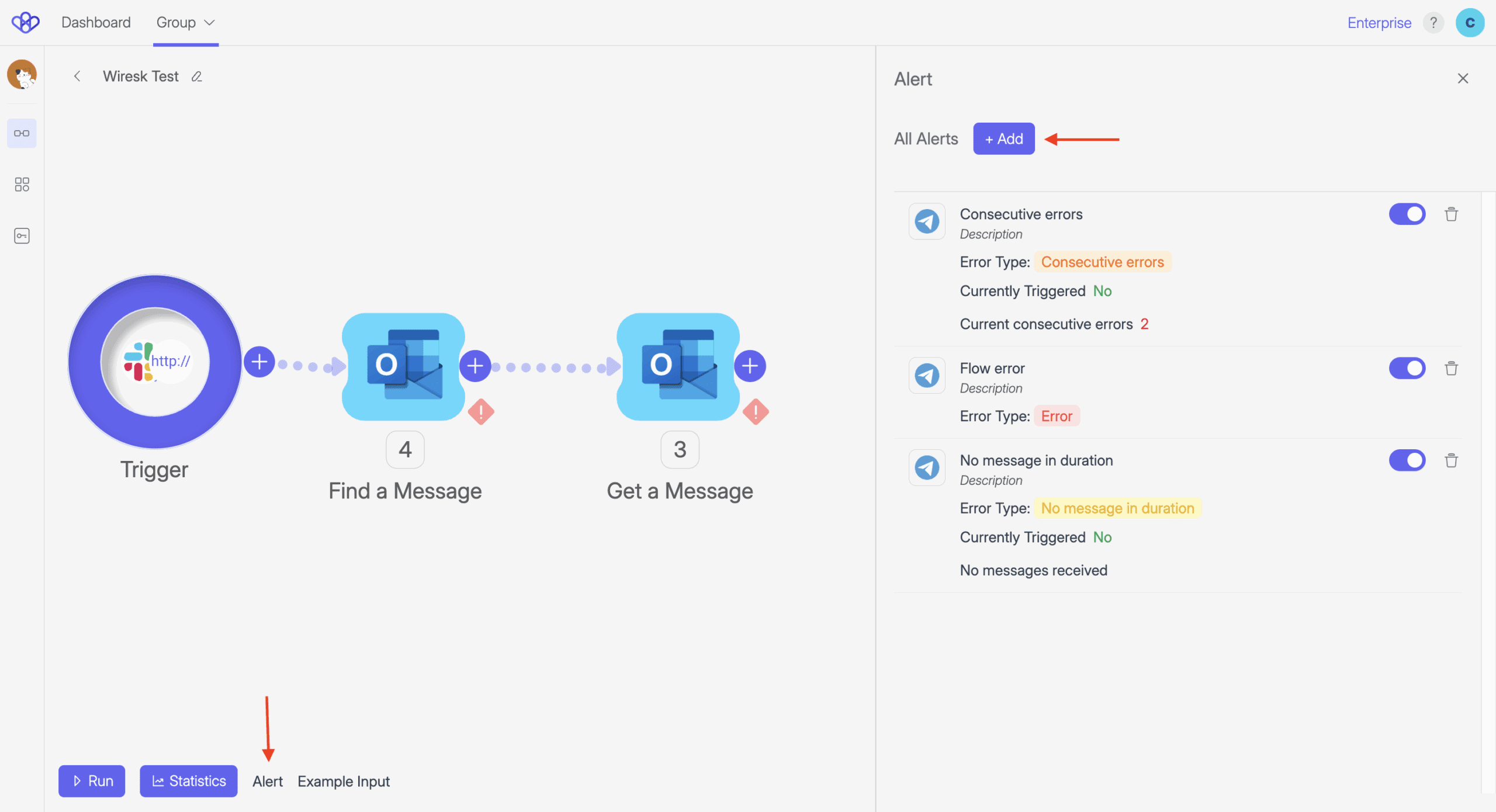 Wiresk Flow Builder showing a Flow with a Slack HTTP trigger linked to two Outlook steps, “Find a Message” and “Get a Message”. On the right, the Alert panel lists three active alerts via Telegram Bot: one for Consecutive errors (currently not triggered, with 2 consecutive errors), one for Flow error (Error type), and one for No message in duration (not triggered, no messages received). The panel includes a purple “+ Add” button to create new alerts. At the bottom of the Flow Builder, navigation options include Run, Statistics, Alert, and Example Input.