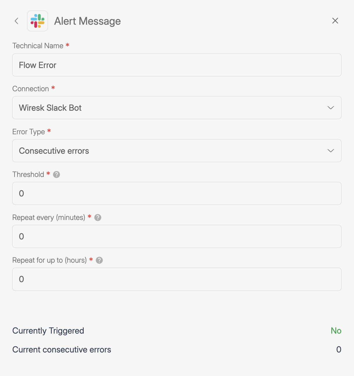 Wiresk Alert Message settings panel for Slack. The form is configured for the “Consecutive errors” alert type with the connection set to “Wiresk Slack Bot.” Fields include Technical Name (“Flow Error”), Threshold (0), Repeat every (minutes) (0), and Repeat for up to (hours) (0). Status indicators at the bottom show “Currently Triggered: No” and “Current consecutive errors: 0.” A Slack logo appears at the top.
