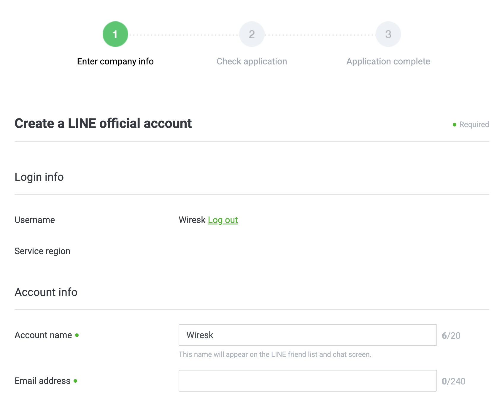 LINE Official Account creation step 1: Enter company info. Form fields include username Wiresk, service region, account name Wiresk, and email address. Progress bar shows step 1 highlighted.