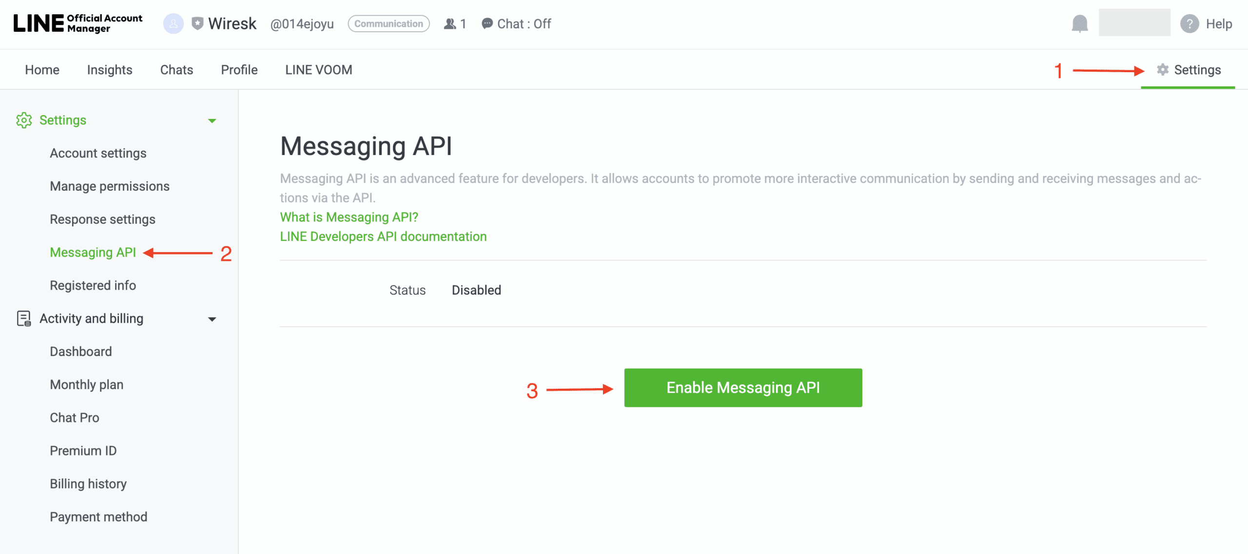 LINE Official Account Manager screen showing Messaging API settings. The left menu highlights Settings > Messaging API. The main panel displays Messaging API status as Disabled, with a green button labeled Enable Messaging API. Red arrows mark step 1 Settings, step 2 Messaging API, and step 3 Enable Messaging API.