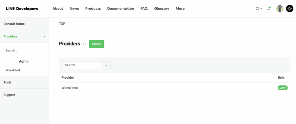 LINE Developers console showing the Providers page. The left menu highlights Providers under Console home. The main panel lists one provider named ‘Wiresk test’ with the role Admin, and a green Create button for adding a new provider.