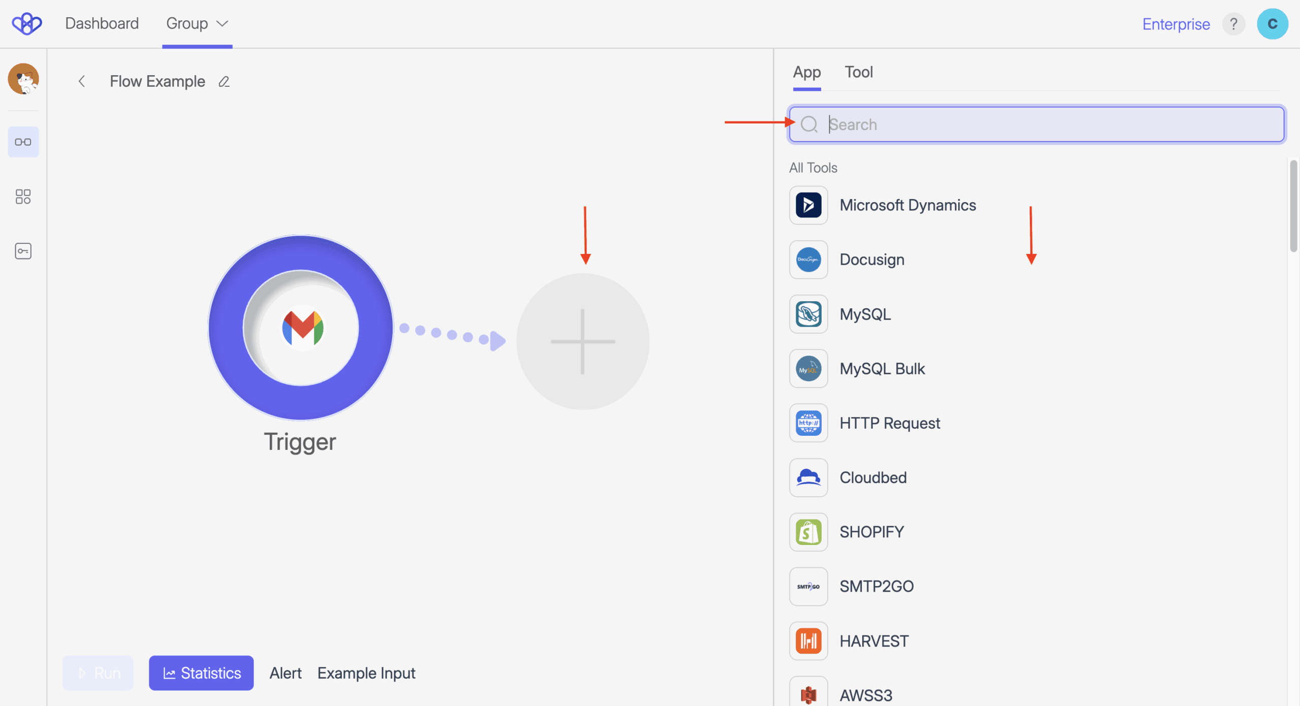 Screenshot of Wiresk Flow Builder with a Flow named “Flow Example.” The canvas shows a Gmail Trigger on the left connected to an empty step placeholder marked with a plus icon in the center. On the right, the panel lists available apps and tools. A search bar is displayed at the top of the panel for filtering apps. Red arrows highlight the empty step placeholder, the search bar, and items in the app list.