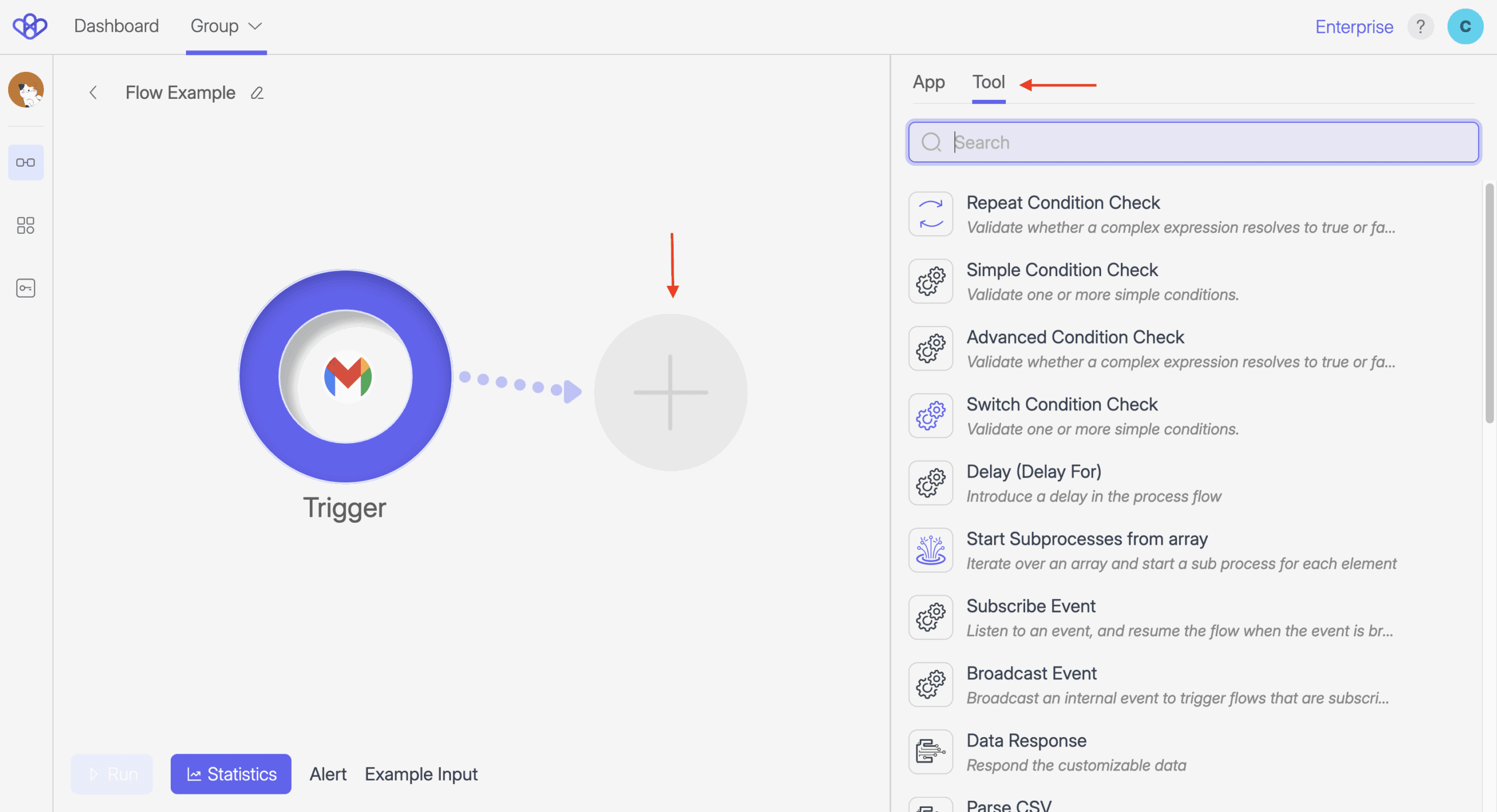 Screenshot of Wiresk Flow Builder showing a Gmail Trigger connected to an empty Method placeholder. A red arrow points to the empty step circle with a plus sign where the next action will be added. On the right side, the “Tool” tab is selected in the panel. Another red arrow highlights the “Tool” tab label at the top. A search bar is shown above a list of available tools.